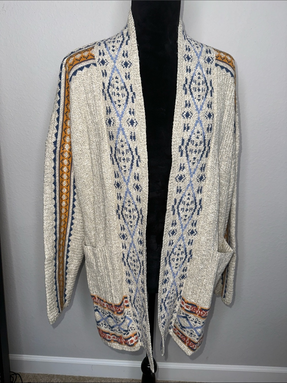 Lucky Brand Cream Open-Front Cardigan with Blue and Mustard Trim